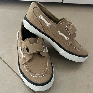 NEW Boy’s Polo Ralph Lauren Khaki Canvas Velcro Boat Shoes with White Sole